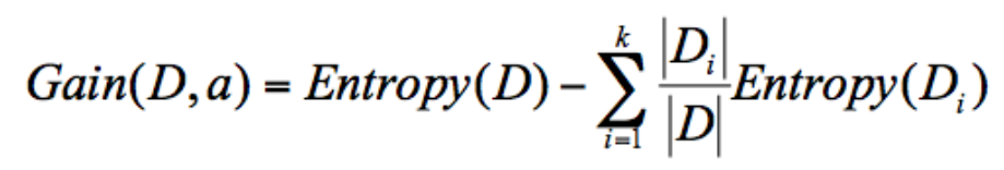 公式中 D 是父亲节点，Di 是子节点，Gain(D,a) 中的 a 作为 D 节点的属性选择。